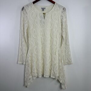 Linea Domani Top Lace Asymmetrical Hem Tunic Long Sleeves Womens Sz M Boho Fairy